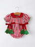 Baby Girls Christmas Outfit – Red Plaid Romper with Tree Bow Accents